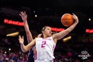 Creighton Bluejays guard Kennedy Townsend (2) reaches for the rebound against the UConn Huskies in the second half during a college basketball game, Saturday, January 25, 2025, in Omaha, Nebraska. Photo by John S. Peterson.