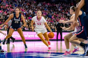 Creighton Bluejays guard Brooke Littrell (33) drives the lane against the UConn Huskies in the second half during a college basketball game, Saturday, January 25, 2025, in Omaha, Nebraska. Photo by John S. Peterson.