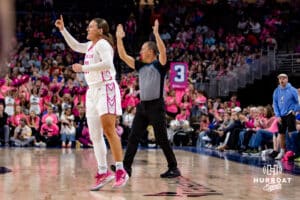 Creighton Bluejays guard Molly Mogensen (21) makes a three-point shot against the UConn Huskies in the third quarter during a college basketball game, Saturday, January 25, 2025, in Omaha, Nebraska. Photo by John S. Peterson.