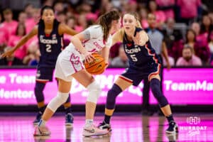 UConn Huskies guard Paige Bueckers (5) guards Creighton Bluejays guard Lauren Jensen (15) in the third quarter during a college basketball game, Saturday, January 25, 2025, in Omaha, Nebraska. Photo by John S. Peterson.