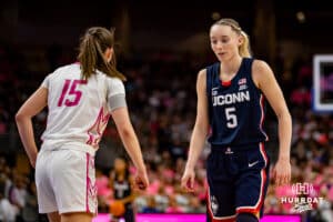 UConn Huskies guard Paige Bueckers (5) up against Creighton Bluejays guard Lauren Jensen (15) in the third quarter during a college basketball game, Saturday, January 25, 2025, in Omaha, Nebraska. Photo by John S. Peterson.