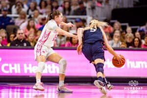 Creighton Bluejays guard Lauren Jensen (15) guarding UConn Huskies guard Paige Bueckers (5) in the second quarter during a college basketball game, Saturday, January 25, 2025, in Omaha, Nebraska. Photo by John S. Peterson.