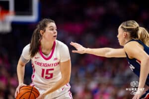 Creighton Bluejays guard Lauren Jensen (15) is guarded by UConn Huskies guard Paige Bueckers (5) in the first half during a college basketball game, Saturday, January 25, 2025, in Omaha, Nebraska. Photo by John S. Peterson.