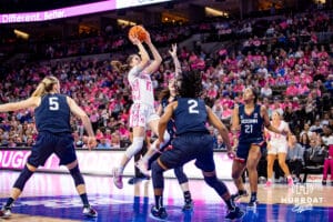 Creighton Bluejays guard Lauren Jensen (15) makes a layup against the UConn Huskies during a college basketball game, Saturday, January 25, 2025, in Omaha, Nebraska. Photo by John S. Peterson.