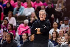 UConn Huskies head coach Geno Auriemma watches the game action against the Creighton Bluejays in the first half during a college basketball game, Saturday, January 25, 2025, in Omaha, Nebraska. Photo by John S. Peterson.