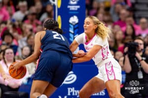 Creighton Bluejays forward Mallory Brake (14) defends against UConn Huskies forward Sarah Strong (21) in the first half during a college basketball game, Saturday, January 25, 2025, in Omaha, Nebraska. Photo by John S. Peterson.