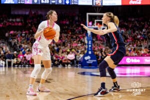Creighton Bluejays guard Lauren Jensen (15) guarded by UConn Huskies guard Paige Bueckers (5) in the first quarter during a college basketball game, Saturday, January 25, 2025, in Omaha, Nebraska. Photo by John S. Peterson.