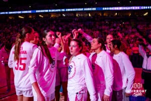 Creighton Bluejays huddle up before taking on UConn Huskies during a college basketball game, Saturday, January 25, 2025, in Omaha, Nebraska. Photo by John S. Peterson.