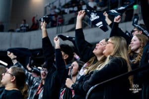 Omaha Maverick fans excited about the win during a hockey match at Baxter Arena on Saturday, January 25, 2025, in Omaha, Nebraska. Photo by Collin Stilen.