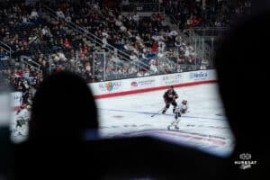 Omaha Maverick Jimmy Glynn looking to receive a pass during a hockey match at Baxter Arena on Saturday, January 25, 2025, in Omaha, Nebraska. Photo by Collin Stilen.