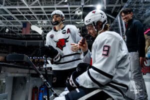Omaha Mavericks Brady Risk and Harrison Israels locked in for second period during a hockey match at Baxter Arena on Saturday, January 25, 2025, in Omaha, Nebraska. Photo by Collin Stilen.