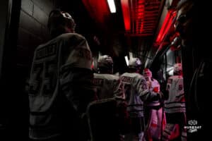 Omaha Mavericks ready for second period during a hockey match at Baxter Arena on Saturday, January 25, 2025, in Omaha, Nebraska. Photo by Collin Stilen.