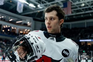 Omaha Maverick Tyler Rollwagen in pregame during a hockey match at Baxter Arena on Saturday, January 25, 2025, in Omaha, Nebraska. Photo by Collin Stilen.