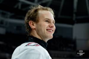 Omaha Maverick Griffin Ludtke ready for the game during a hockey match at Baxter Arena on Saturday, January 25, 2025, in Omaha, Nebraska. Photo by Collin Stilen.