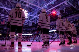 Omaha Mavericks line up for the national anthem during a hockey match at Baxter Arena on Saturday, January 25, 2025, in Omaha, Nebraska. Photo by Collin Stilen.