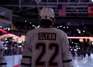 Omaha Maverick Jimmy Glynn takes it all in during a hockey match at Baxter Arena on Saturday, January 25, 2025, in Omaha, Nebraska. Photo by Collin Stilen.