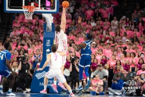 Creighton Bluejays Ryan Kalkbrenner blocks a shot during a college basketball game against Seton Hall on January 25th, 2025 in Omaha Nebraska. Photo by Brandon Tiedemann.
