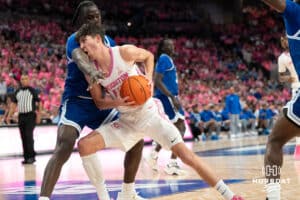 Creighton Bluejays Mason Miller runs into a defender during a college basketball game against Seton Hall on January 25th, 2025 in Omaha Nebraska. Photo by Brandon Tiedemann.