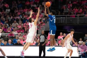 Creighton Bluejays Fedor Žugić contests a shot during a college basketball game against Seton Hall on January 25th, 2025 in Omaha Nebraska. Photo by Brandon Tiedemann.