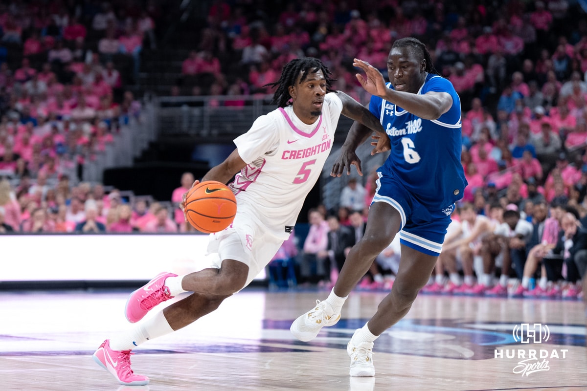 Creighton Bluejays Jamiya Neal drives past a defender during a college basketball game against Seton Hall on January 25th, 2025 in Omaha Nebraska. Photo by Brandon Tiedemann.