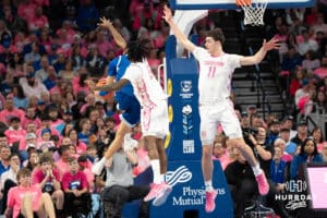 Creighton Bluejays Jamiya Neal and Ryan Kalkbrenner contest a shot during a college basketball game against Seton Hall on January 25th, 2025 in Omaha Nebraska. Photo by Brandon Tiedemann.