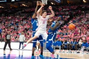 Creighton Bluejays Ryan Kalkbrenner after a foul during a college basketball game against Seton Hall on January 25th, 2025 in Omaha Nebraska. Photo by Brandon Tiedemann.