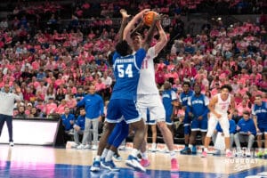 Creighton Bluejays Ryan Kalkbrenner attempts to get out of a trap during a college basketball game against Seton Hall on January 25th, 2025 in Omaha Nebraska. Photo by Brandon Tiedemann.