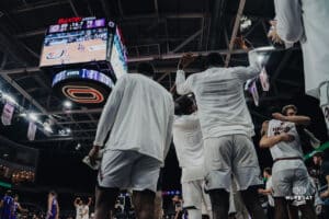 Omaha Mavericks celebrate an eight win run during a basketball game at Baxter Arena on January 23rd, 2025 in Omaha Nebraska. Photo by Collin Stilen.