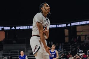Omaha Maverick Kamryn Thomas locked in after a three pointer during a basketball game at Baxter Arena on January 23rd, 2025 in Omaha Nebraska. Photo by Collin Stilen.