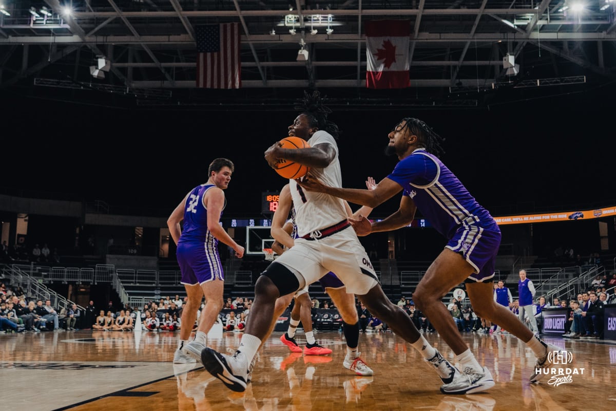 Omaha Maverick JJ White battles to the hoop during a basketball game at Baxter Arena on January 23rd, 2025 in Omaha Nebraska. Photo by Collin Stilen.