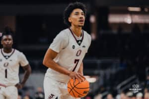 Omaha Maverick Lance Waddles at the line during a basketball game at Baxter Arena on January 23rd, 2025 in Omaha Nebraska. Photo by Collin Stilen.