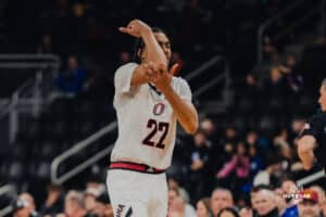 Omaha Maverick Kamryn Thomas after a made three pointer during a basketball game at Baxter Arena on January 23rd, 2025 in Omaha Nebraska. Photo by Collin Stilen.