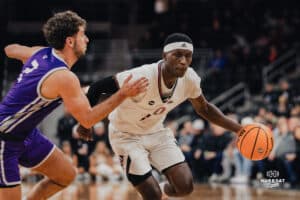 Omaha Maverick Ja'Sean Glover drives to the hoop during a basketball game at Baxter Arena on January 23rd, 2025 in Omaha Nebraska. Photo by Collin Stilen.