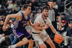 Omaha Maverick Tony Osburn drives to the bucket during a basketball game at Baxter Arena on January 23rd, 2025 in Omaha Nebraska. Photo by Collin Stilen.