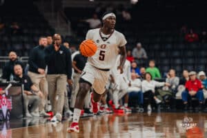 Omaha Maverick Ja'Sean Glover looks for a drive during a basketball game at Baxter Arena on January 23rd, 2025 in Omaha Nebraska. Photo by Collin Stilen.
