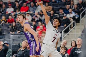 Omaha Maverick Lance Waddles looks at the three pointer during a basketball game at Baxter Arena on January 23rd, 2025 in Omaha Nebraska. Photo by Collin Stilen.