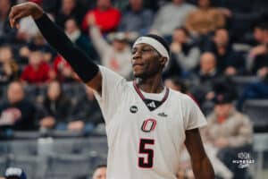 Omaha Maverick Ja'Sean Glover shoots a three during a basketball game at Baxter Arena on January 23rd, 2025 in Omaha Nebraska. Photo by Collin Stilen.