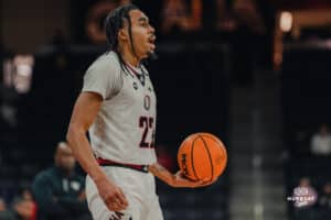 Omaha Maverick Kamryn Thomas calling out a play during a basketball game at Baxter Arena on January 23rd, 2025 in Omaha Nebraska. Photo by Collin Stilen.