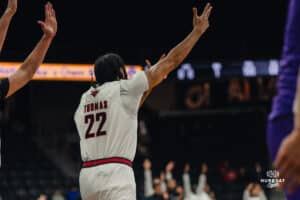 Omaha Maverick Kamryn Thomas celebrates a three pointer during a basketball game at Baxter Arena on January 23rd, 2025 in Omaha Nebraska. Photo by Collin Stilen.