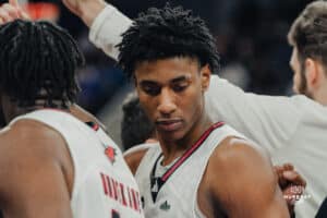 Omaha Maverick Marquel Sutton locked in during a basketball game at Baxter Arena on January 23rd, 2025 in Omaha Nebraska. Photo by Collin Stilen.