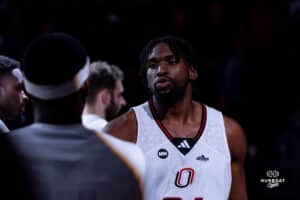 Omaha Maverick Isaac Ondekane in pregame lineups during a basketball game at Baxter Arena on January 23rd, 2025 in Omaha Nebraska. Photo by Collin Stilen.