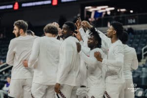 Omaha Mavericks gather before the match during a basketball game at Baxter Arena on January 23rd, 2025 in Omaha Nebraska. Photo by Collin Stilen.