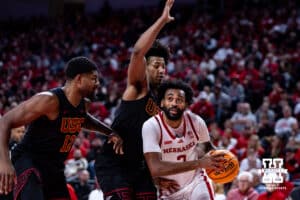 Nebraska Cornhuskers guard Brice Williams (3) drives to the basket against USC Trojans in the second half during a college basketball game, Wednesday, January 22, 2025, in Lincoln, Nebraska. Photo by John S. Peterson.