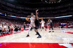 Nebraska Cornhuskers guard Brice Williams (3) dribbles the ball against USC Trojans forward Saint Thomas (0) in the second half during a college basketball game, Wednesday, January 22, 2025, in Lincoln, Nebraska. Photo by John S. Peterson.