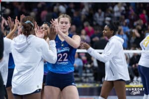 Omaha Supernovas Lindsay Krause (22) gives high fives after the loss to the San Diego Mojo during a professional volleyball match, Sunday, January 19, 2025, in Omaha, Nebraska. Photo by John S. Peterson.