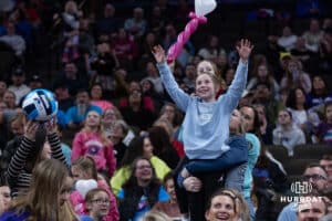 Omaha Supernovas fans having fun with the Simba Cam at break in the action against the San Diego Mojo during a professional volleyball match, Sunday, January 19, 2025, in Omaha, Nebraska. Photo by John S. Peterson.