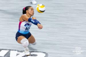 Omaha Supernovas Camila Gomez (10) makes a pass against San Diego Mojo during a professional volleyball match, Sunday, January 19, 2025, in Omaha, Nebraska. Photo by John S. Peterson.