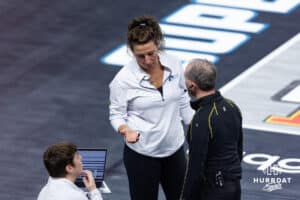 Omaha Supernovas head coach Laura "Bird" Kuhn talks to an referee against San Diego Mojo during a professional volleyball match, Sunday, January 19, 2025, in Omaha, Nebraska. Photo by John S. Peterson.