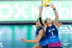 Omaha Supernovas Natalia Valentin-Anderson (1) sets the ball for Kayla Caffey (28) against the San Diego Mojo during a professional volleyball match, Sunday, January 19, 2025, in Omaha, Nebraska. Photo by John S. Peterson.