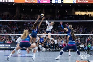 San Diego Mojo Leyla Blackwell (26) spikes the ball against the Omaha Supernovas during a professional volleyball match, Sunday, January 19, 2025, in Omaha, Nebraska. Photo by John S. Peterson.
